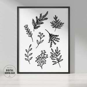 Botanische Stengel Kunst, druckbare Wand Kunst, Pflanzen Illustration, florale Stengel Linie Kunst, Blatt Print, modernes Wohnzimmer, INSTANT DOWNLOAD