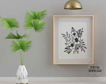 Digitaldruck Blumen, Wildblumen Kunst, druckbare Wandkunst, Tattoo Inspiration, schwarz weiß Wandkunst, INSTANT DOWNLOAD