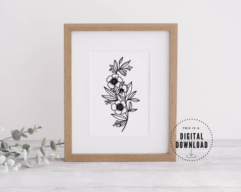 Sztuka kwiatów i liści, Czarno-biała, Inspiracja tatuażem, Wydrukowana sztuka ścienna, Grafika liniowa, Wydruk sztuki ściennej, NATYCHMIASTOWE POBIERANIE