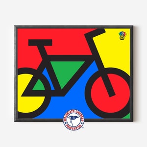 May include: A black and white illustration of a bicycle with red, yellow, blue, and green colored sections. The image is framed in black and has a small logo in the top right corner.