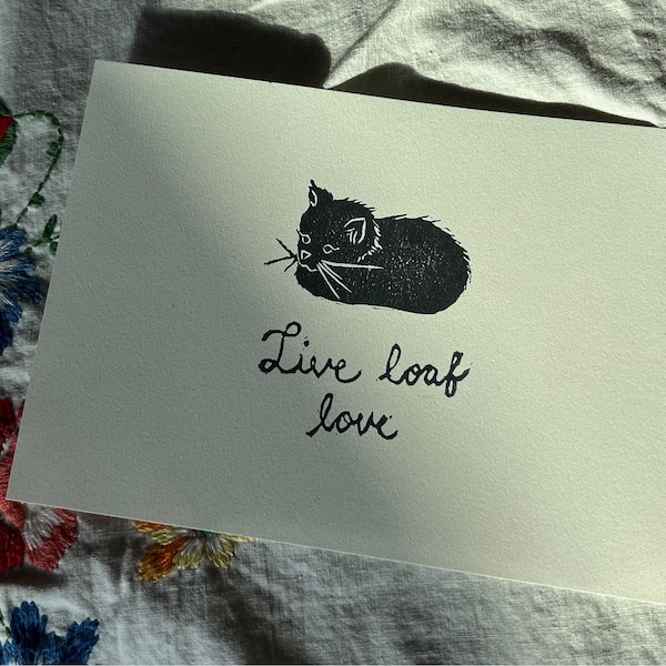 Live Loaf Love Linocut Blockprint Print - Cat, Funny, Linocut, Blockprint, Print