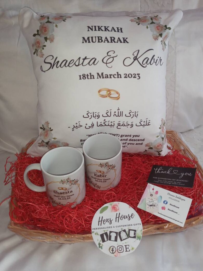 Personalised Nikkah Islamic White Floral Wedding DIY HAMPER Mug Cushion Couple Gift Set. image 5