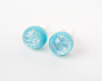Earrings silver fleas and sky blue glass, ball ear nail, birthday gift Christmas woman