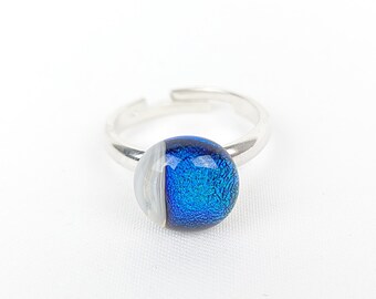 Adjustable silver ring blue glass, delicate, gift for women