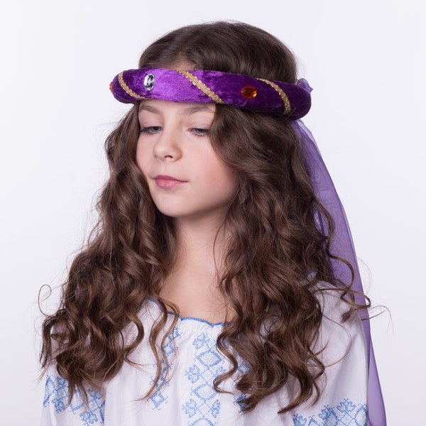 Purple medieval headdress | Medieval child's headpiece from 18th century middle ages with veil | Renaissance rosalin tiara by FunkyFest