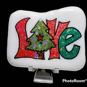 Xmas Tree Love Foiled over Watercolor Hand Painted Authentic Santorini Stone