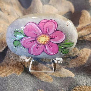 Hand-Painted Pink Bloom Stone Art with Stand