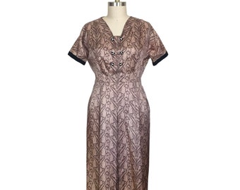 1940s Dress | Vintage 40s Taupe & Brown Crystal Button Party Dress | 1940s Vintage Brown Cocktail Dress | Large | Extra Large