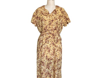 1940s Dress | Vintage 1940s Yellow & Brown Butterfly Print Peplum Dress | 1940s Vintage Novelty Print Cocktail Dress | 1940s Peplum Dress