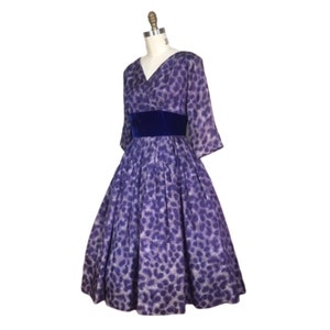 Vintage 1950s Purple Leopard Blue Velvet Party Dress