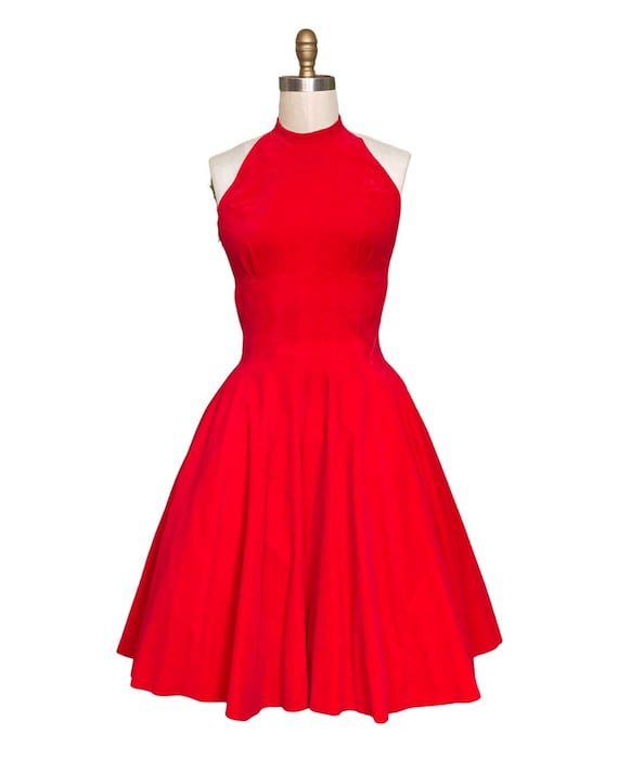 1950s Dress | Vintage 1950s Cherry Red Velvet Halt