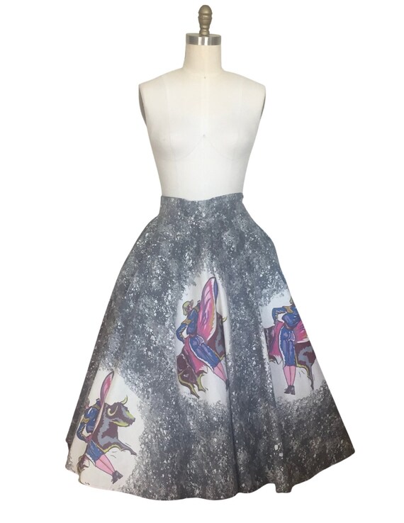 1950s Skirt |  Vintage 50s Matador & Bull Gray Nov