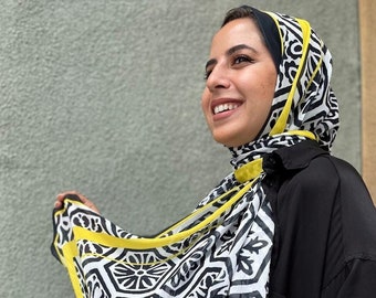 Geometric Hijab: Black, White & Yellow Chiffon Headscarf