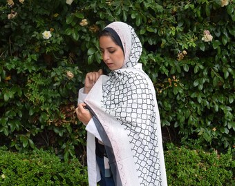Islamic Pattern Chiffon Hijab, Black & Pink Border, Modest Scarf