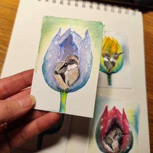 Carte artistiche ACEO originali, acquerelli, piccole miniature, colori tulipani con uccellini, opere d'arte moderne ad acquerello metallizzato, stile vintage