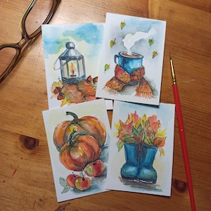 Ensemble original d'art miniature aquarelle ACEO, hivers, automne halloween, peinture de Noël mini arts modernes personnalisée, tournesols fait main