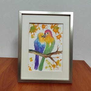 Ensemble de 2 aquarelles miniatures peintes à la main représentant des perroquets oiseaux métalliques colorés, mini oeuvres d'art comme cadeaux pour la Saint-Valentin