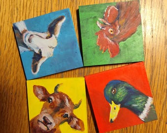 Set of 4 acrylic portraits farms animal, colors sunset,cow, sheeps, goats, horse,vintage acrylic art decor, miniatures on wood artwork