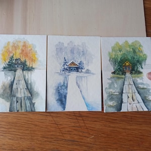 Ensemble peint à la main de 3 aquarelles d'art miniatures représentant une petite maison à différentes saisons, vacances d'hiver, mini oeuvre d'art comme cadeau pour la Saint-Valentin