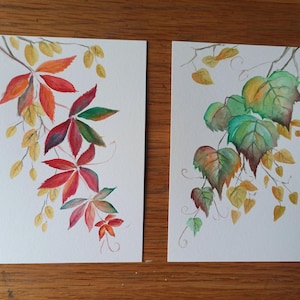 Ensemble peint à la main de 2 aquarelles miniatures représentant des chutes d'automne avec des feuilles d'or, des mini oeuvres d'art comme cadeaux pour la Saint-Valentin