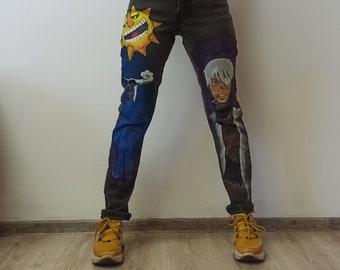 Handpainted custom denim jeans with cartoon anime Soul eater, manga Spired away, Princess Mononoke Hayao Miyazaki cosplay fashion style