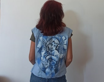 Denim handpainted  womens blue vest size L with angel, personalised original clothes with  text Bon Jovi,retro classic style denim jacket