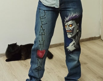 Anime handpainted custom jeans cartoon anime Death note, soul Eater, haku spirited away,manga soul eater, denim pants crazy cosplay fashion