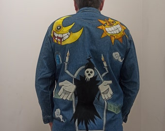 Hand painted Custom denim jacket of soul earth size L, handmade original painting vintage motorcycle jacket, custom man&#39;s leather jacket