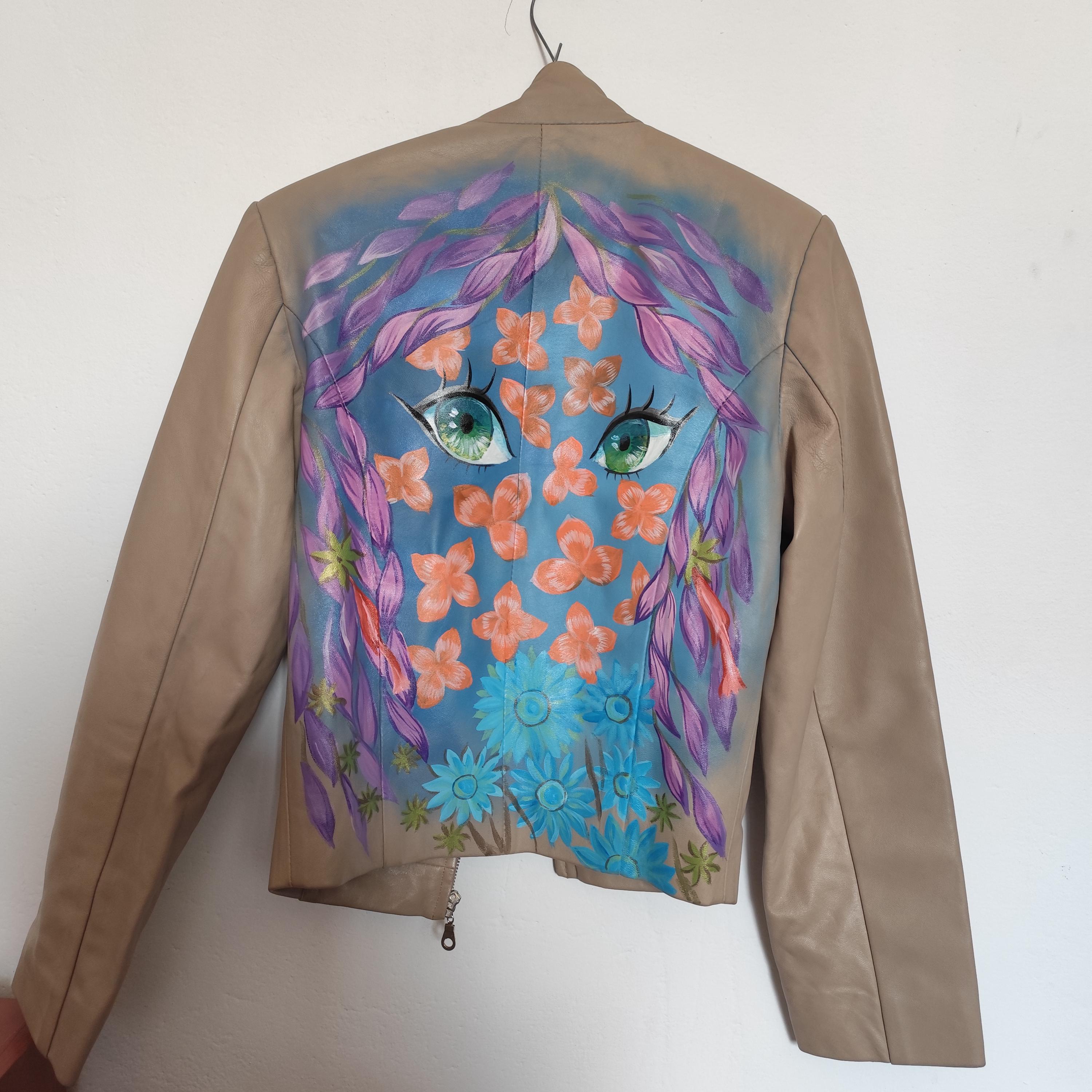 Handpainted leather womens jacket with anime art, manga Frieren eyes, spring art custom original Commission Painting art,style Denim casual
