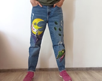 Handpainted custom denim jeans cartoon anime Soul eater,manga Spired away, Princess  Mononoke Hayao Miyazaki cosplay street style,