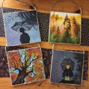 Ensemble de 3 miniatures d'art de peinture d'automne, de feuilles, de pluie, d'art original fait main d'ambiances vintage sur bois pour une idée de cadeau, de petites images avec de la pluie