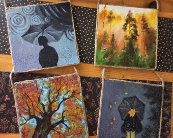 Set of 3 painting art miniatures of autumn, leaves,rain,handmade original vintage moods art on wood for gifts idea, small pictures with rain