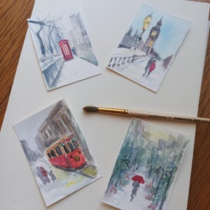 Carte ACEO originali inverni acquerello piccole miniature artistiche, atmosfera invernale, tempo natalizio, neve, Halloween, pittura moderna acquerello artwo
