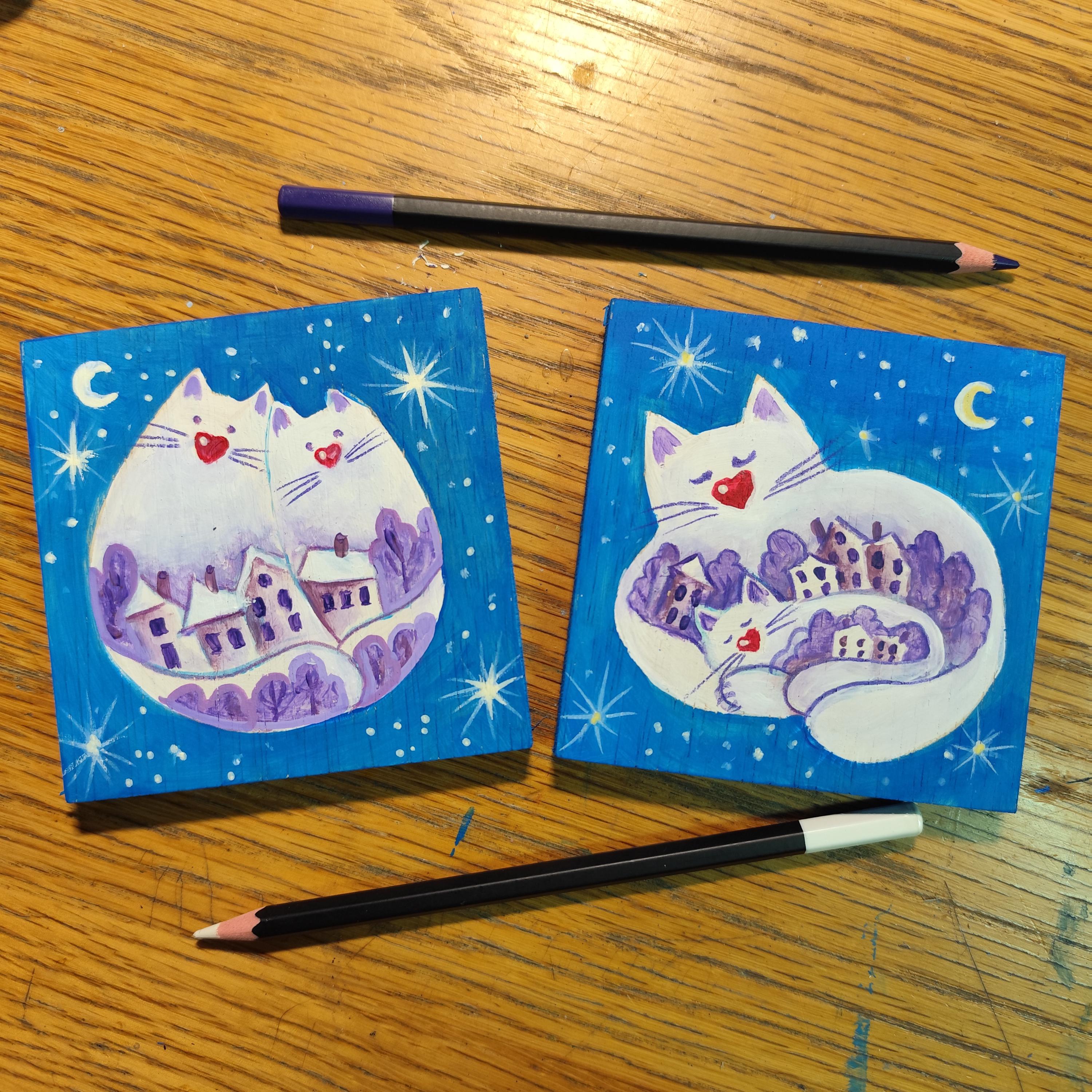 Set of two painting acrylic pictures with night cute cats, family cats, art decorfor kids room miniatures on wood artwork for valentine's Da