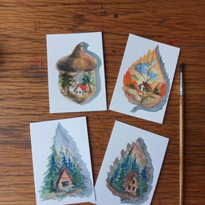 Cartes ACEO aquarelle minuscules arts miniatures, épicéa d'automne, pomme de pin, gland, feuille d'halloween, oeuvres d'art métalliques aquarelles modernes