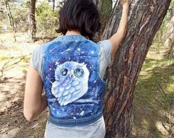 HandPAINTEd vintage casual vest with anime girl with red hair,Frida Kahlo womens vest ,  Commission Portrait On The Jacket for gift ideas