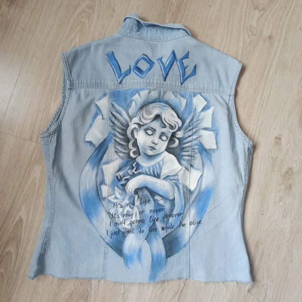 chaleco de chaqueta anime denim pintado a mano con ángel, arte original personalizado en mezclilla, boho personalizado, ropa mujer con arte para ideas de regalos