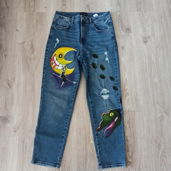 Anime handpainted custom jeans cartoon anime Soul eater,spirited away,manga Spired away, Princess  Mononoke Hayao Miyazaki cosplay fashio