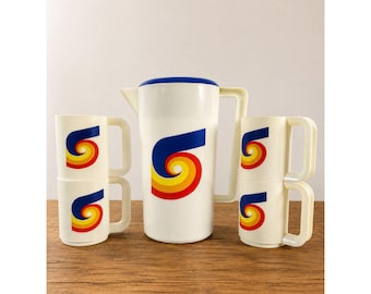 Vintage 1970s Am Pro Plastic Pitcher & 4 Stackable Mugs Retro Camping Set