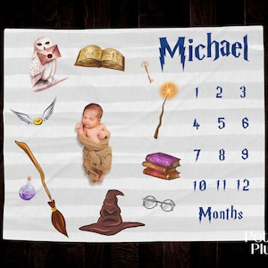 Wizard Personalized Boy Baby Milestone Blanket wizard Month Custom Blanket Baby Shower Gift for Boy Monthly Age Growth Wizard Magic Blanket