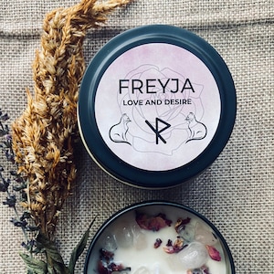 FREYJA'S Magical LOVE Soy Herb and Crystal Candle- Goddess of Love and War