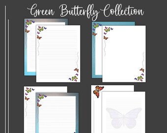 Printable Stationery Set Green Butterfly 8.5x11 Digital Paper INSTANT ...
