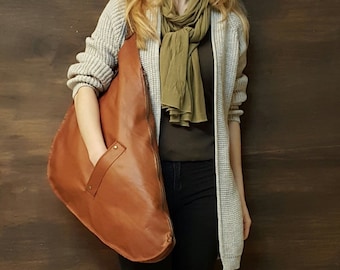 Large Genuine Leather Handmade Women Shoulder Bag. Unique big geometric slouchy Design.XXL Casual Tote. Customize Valentine Day Gift For Her