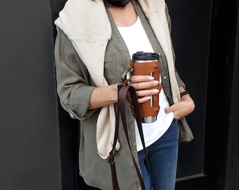 Insulated steel thermos with genuine leather design carrying case. For Travel, Walk, Camp, Coffee. Personalized Valentine's Day Gift. Mug