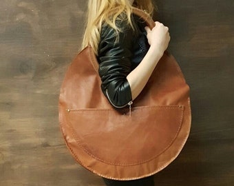 Large Round Real Leather Handmade Design Bag. For Work Daily XXL Women Shoulder Tote. Personalized Valentines Day Gift. For Mom, Sister, Her
