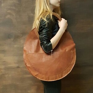 Large Round Real Leather Handmade Design Bag. For Work, Daily XXL Women Slouchy Shoulder, Hand Tote. Personalized Valentine Day Gift To Her. image 1