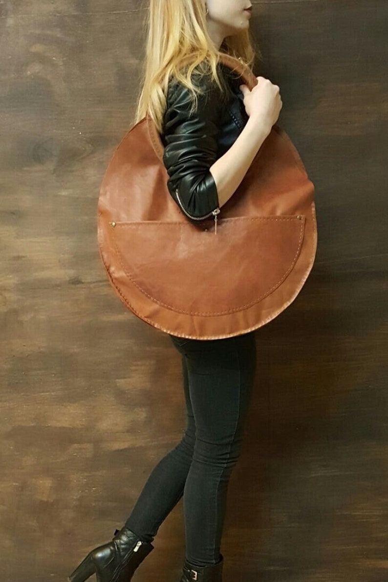 Large Round Real Leather Handmade Design Bag. For Work, Daily XXL Women Slouchy Shoulder, Hand Tote. Personalized Valentine Day Gift To Her. image 1