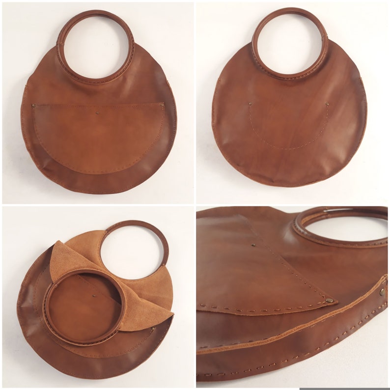 Large Round Real Leather Handmade Design Bag. For Work, Daily XXL Women Slouchy Shoulder, Hand Tote. Personalized Valentine Day Gift To Her. image 5
