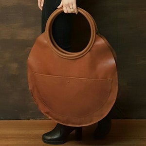 Large Round Real Leather Handmade Design Bag. For Work, Daily XXL Women Slouchy Shoulder, Hand Tote. Personalized Valentine Day Gift To Her. image 2
