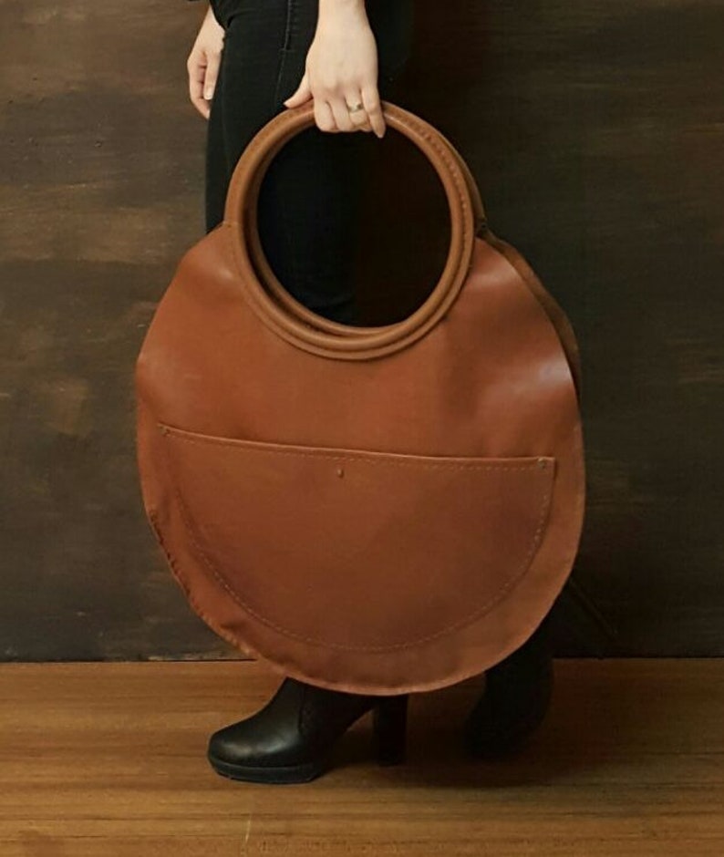 Large Round Real Leather Handmade Design Bag. For Work, Daily XXL Women Slouchy Shoulder, Hand Tote. Personalized Valentine Day Gift To Her. image 2